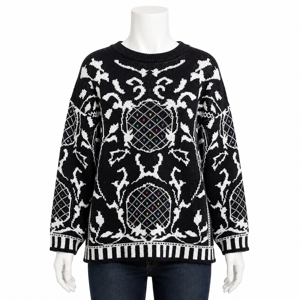 Bramble Lane Sweater Womens Medium Black White Graphic Knit Embroidered Vintage
